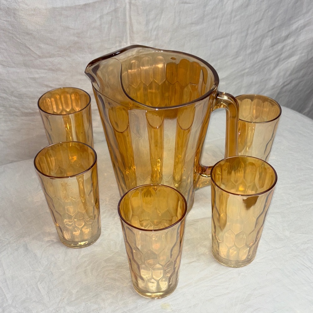 Vintage Jeanette Iridescent Marigold Carnival Glass Pitcher and 6 Tumblers